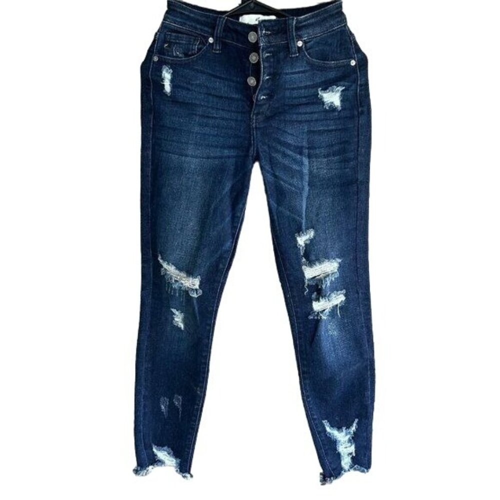 Women's Kancan Exposed Button Distressed Dark Skinny Jeans Size 5/26